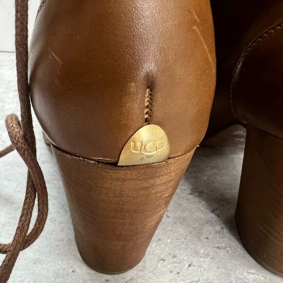 UGG Chestnut Analise Exposed Fur Leather Stacked Heel Ankle Boots Womens 7.5 - Picture 5 of 10
